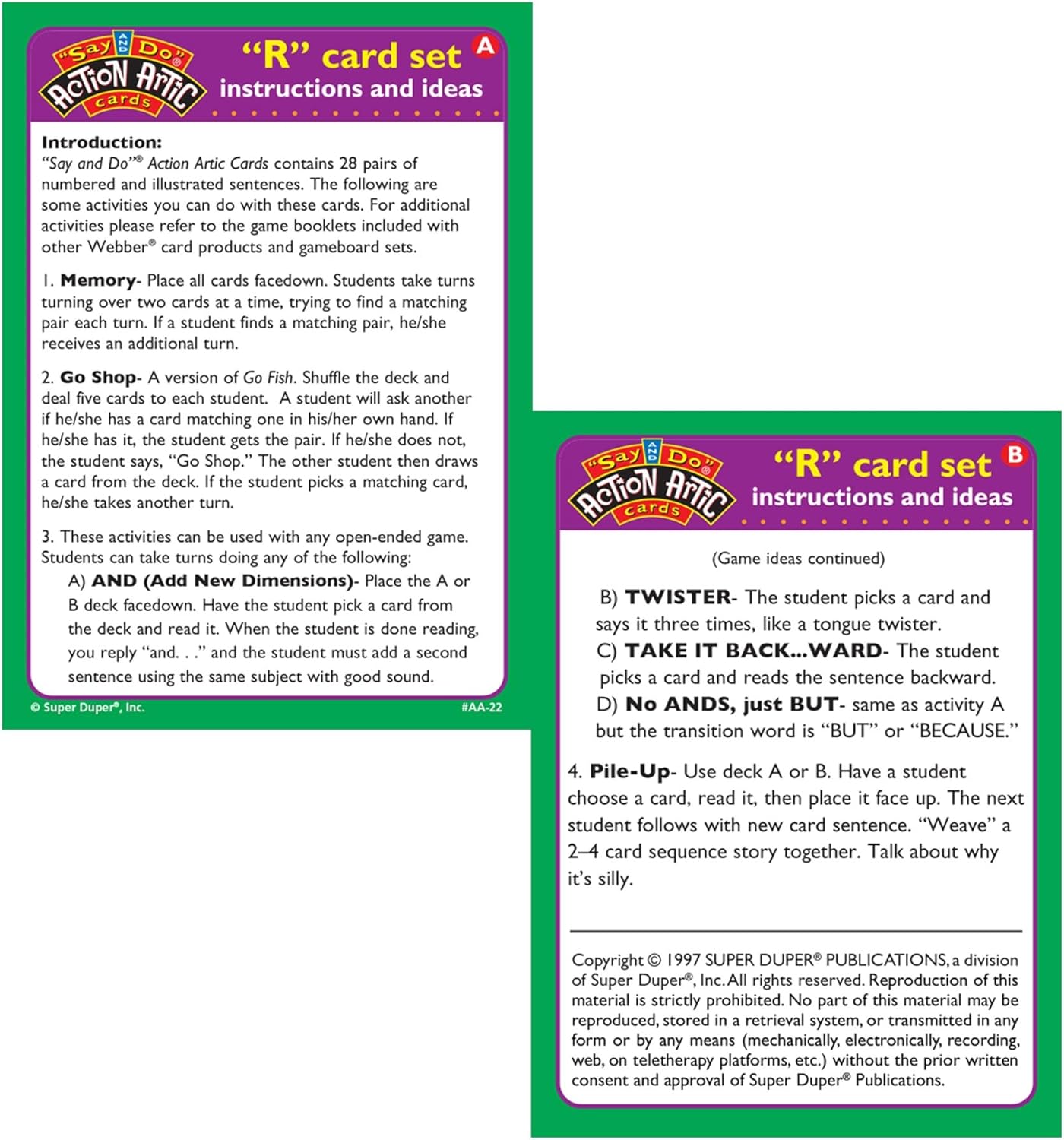 Super Duper Publications | Say and Do® Action Articulation R Sounds Fun Deck | Vocabulary and Language Development Flash Cards | Educational Learning Materials for Children