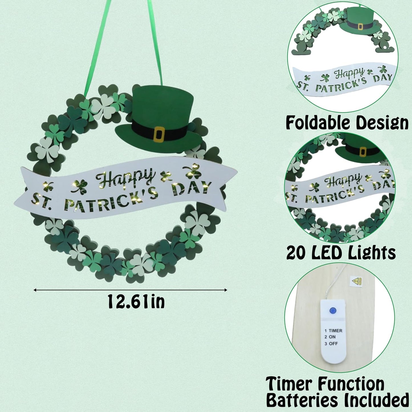 AOMOONOA Lighted St. Patrick’s Day Wreath for Front Door, Battery Operated Shamrock Wreaths with Timer, Wooden Foldable Wreath with Magnetic Word Signs for Irish Holiday Outdoor, Wall Decor