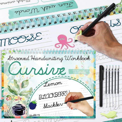 chiazllta Grooved Cursive Handwriting Workbook with Disappearing Ink Pens Magic Reusable Grooved Cursive Writing Practice for Beginners Kids Kickoff Student Workbook Homeschooling Supplies (Letters)