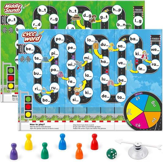 Broytain Phonics Board Games for Kids,Educational Learning CVC and CVCC Board Games for Boys and Girls,Reading and Spelling Word Games Ages 4 5 6,Classroom Travel Indoor Outdoor Family Games