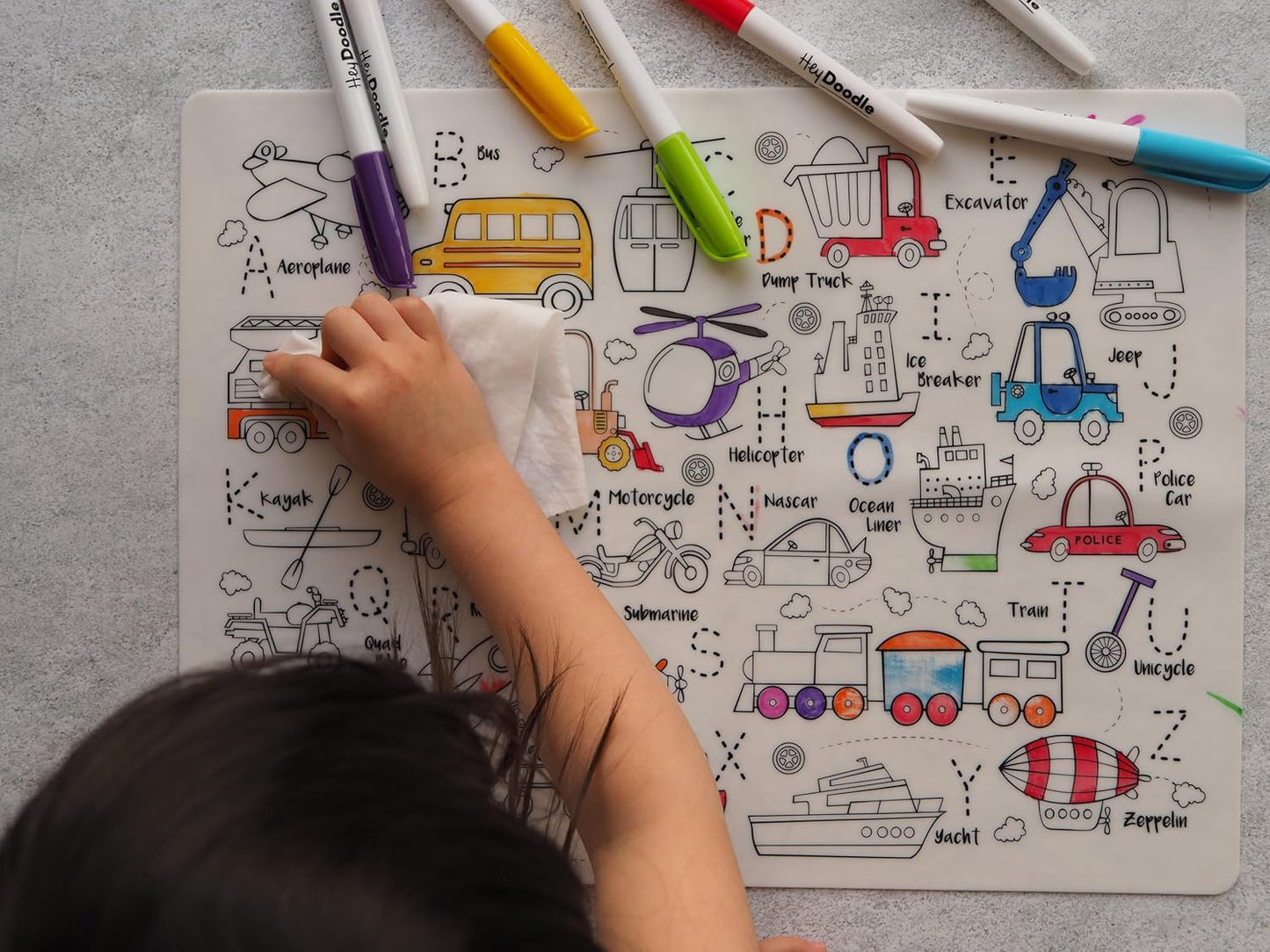 HeyDoodle Into The Wild Classic Doodle Mat – Reusable Silicone Alphabet Coloring Mat for Toddlers and Kids – Educational Animal Activity Pad with 9 Markers – Mess-Free Travel Toy – Ages 3-7