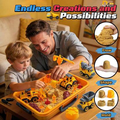 OENUX Play Sand Construction Set, Beach Building Castle Kit w/ 2.2lbs Play Sand, 4 Take Apart Construction Trucks Toys and Signs, Sensory Sandbox with Cover for Boy Girl Kid Toddlers Age 3-8