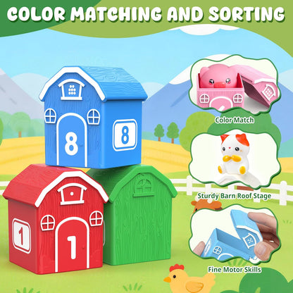 Montessori Toys for Toddlers 1 2 3 Years Old, Farm Animal Train Set with Counting Matching Sorting Activities 9 Barns, 10 Finger Puppets, 2 Stickers-Learning Toys for Baby Boys Girls, Preschool Gift
