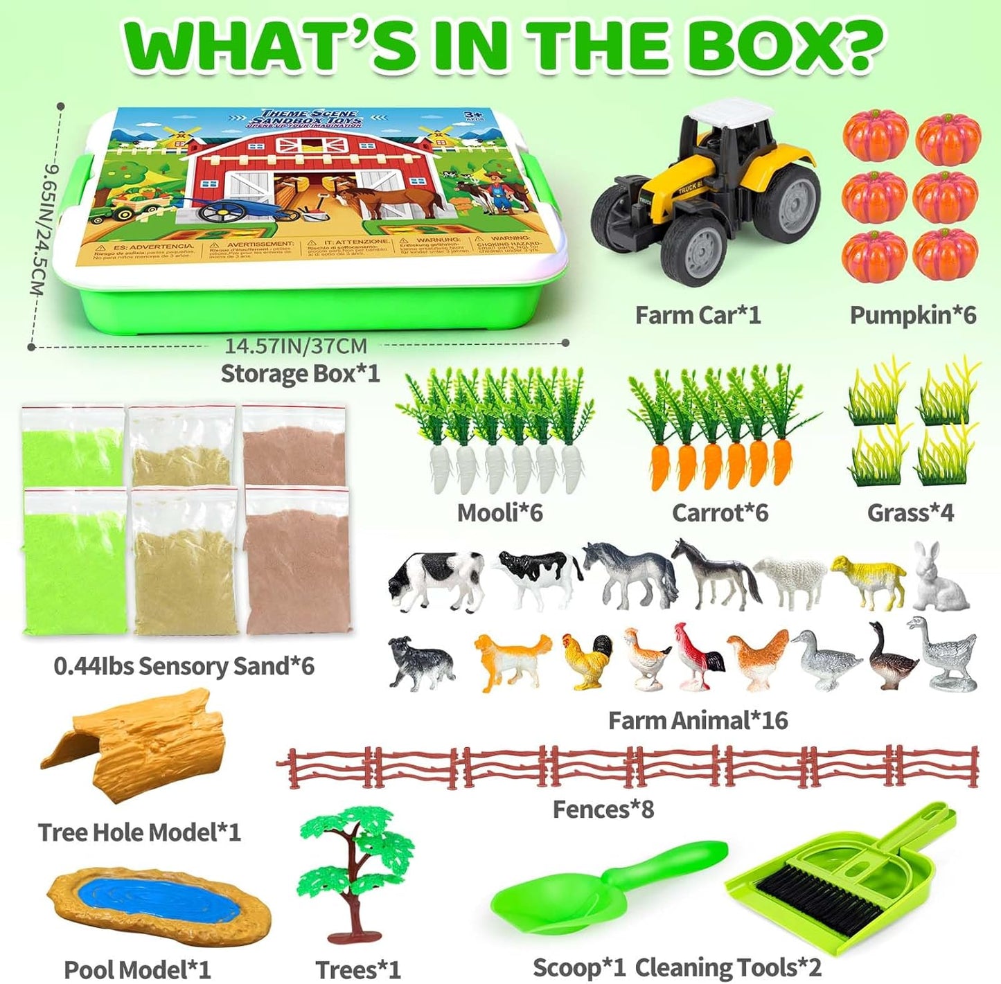 Bloolilies Sensory Bin, 59 Pcs Farm Sensory Sand Box Kits with Sandbox & Farm Animals & Tractor Playset, Play Sand Art Kit Magic Sand Toys for Boys Girls Toddlers Birthday Gift for Kids