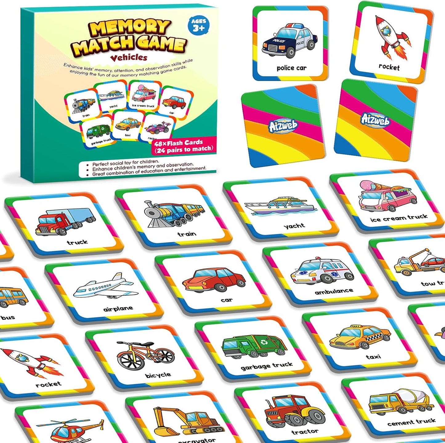 Aizweb CVC Word Match Game - 60 Pc Toddler Card Games for Kids Ages 3-6, Phonics Flash Cards for Preschool & Kindergarten Learning Activities, Educational Toys for Home School Supplies