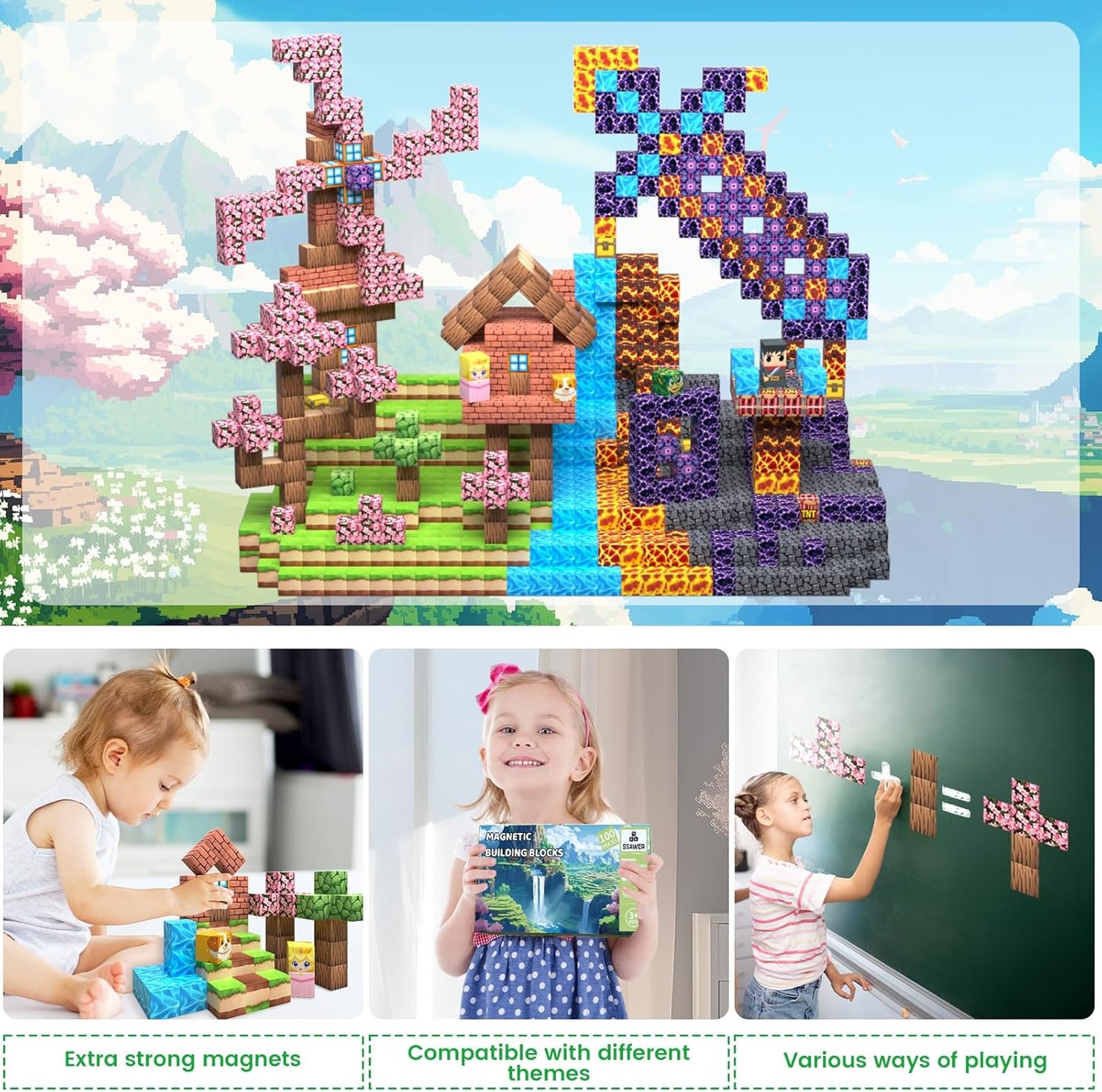 Magnetic Blocks Toys for Kids, 100 PCS Building Blocks Cubes, Stacking Magnetic Tiles Toys for Kids Toddlers Boys Girls Ages 3 4 5 6 7 8-12 Birthday Gifts Party Supplies (Underworld)