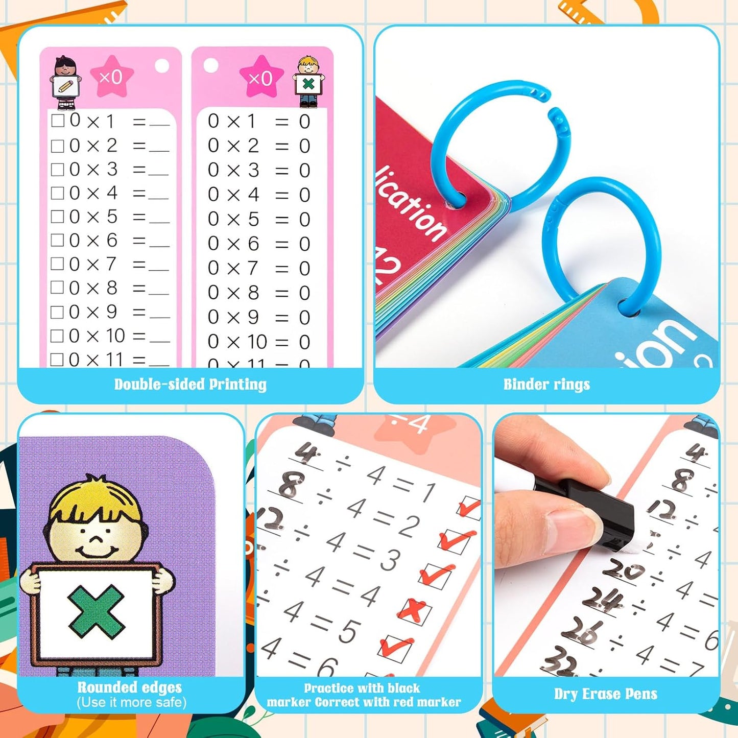 30Pcs Multiplication and Division Flash Cards, Math Flash Card with 4 Dry Erase Pens 2 Rings, Time Table Flash Cards for 1st to 3rd Grades Fun Learning with Math Game