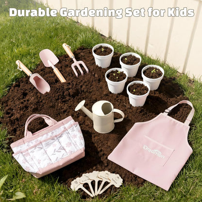 Kids Gardening Set, Quality Gardening Tools Outdoor Toys Set for Kids Toddler, Includes Tote Bag, Gloves, Watering Can, Shovel, Rake, Cultivator, Garden Tool Kit Learning Outdoor Gifts for Boys Girls
