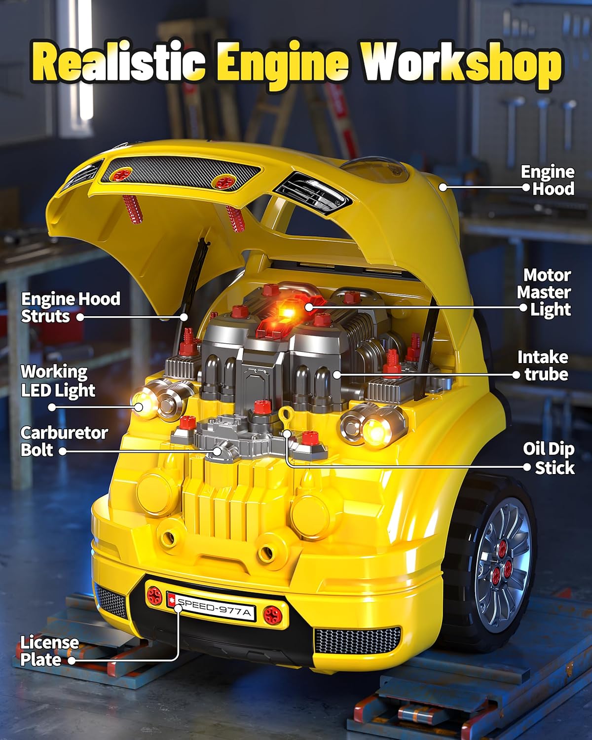 Deejoy Large Truck Builder Kit for Toddlers 3-5, Kids Mechanic Workshop Set with Light and Sound, Removable Engine, Yellow, 15.3x18.7inch