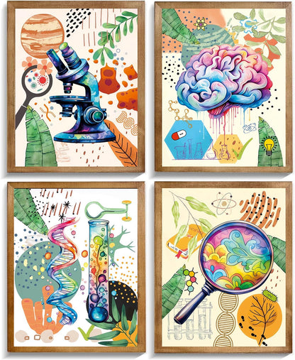 ZHAXFA Science Wall Art Canvas Prints,Biochemical Science Art poster,Microbiology Chemistry Wall Prints,Boho Classroom Wall Art,School Laboratory Decoration Set of 4 (Unframed 8x10 inches)