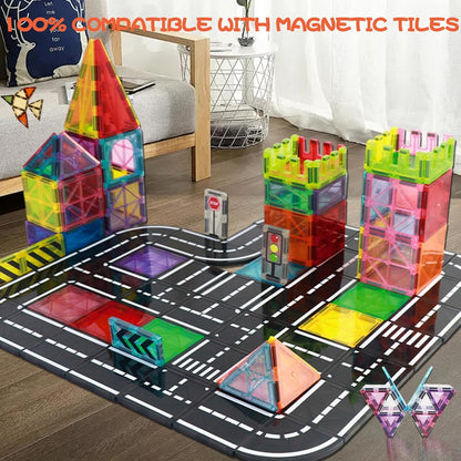 Magnetic Tiles Road Set, Magnet Tiles for Kids Ages 3-5 4-8 5-7, Magnetic Building Blocks Montessori Educational STEM Creativity Toys 3+ Year Old Boys & Girls Toddlers Kids Christmas Birthday Gifts