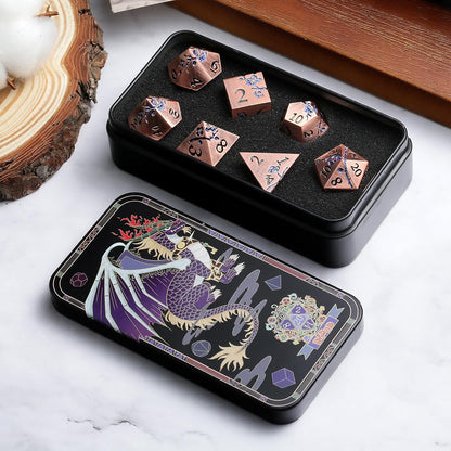 DnDnD Heavy Polyhedral Metal Dice Set with Metal Box, 7-die Shiny Blue Surface with Golden Number for RPG,Dungeons and Dragons,Pathfinder,Shadowrun,D&D,Role Palying Game and Math Teaching - Colors B