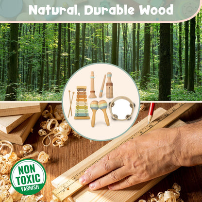 Stoie's Wooden Toddler Musical Instruments with Drum, Hand Bells, Flute, Maracas, Castanet, Tamburine, for Babies and Kids, Eco Friendly Montessori Educational Toy