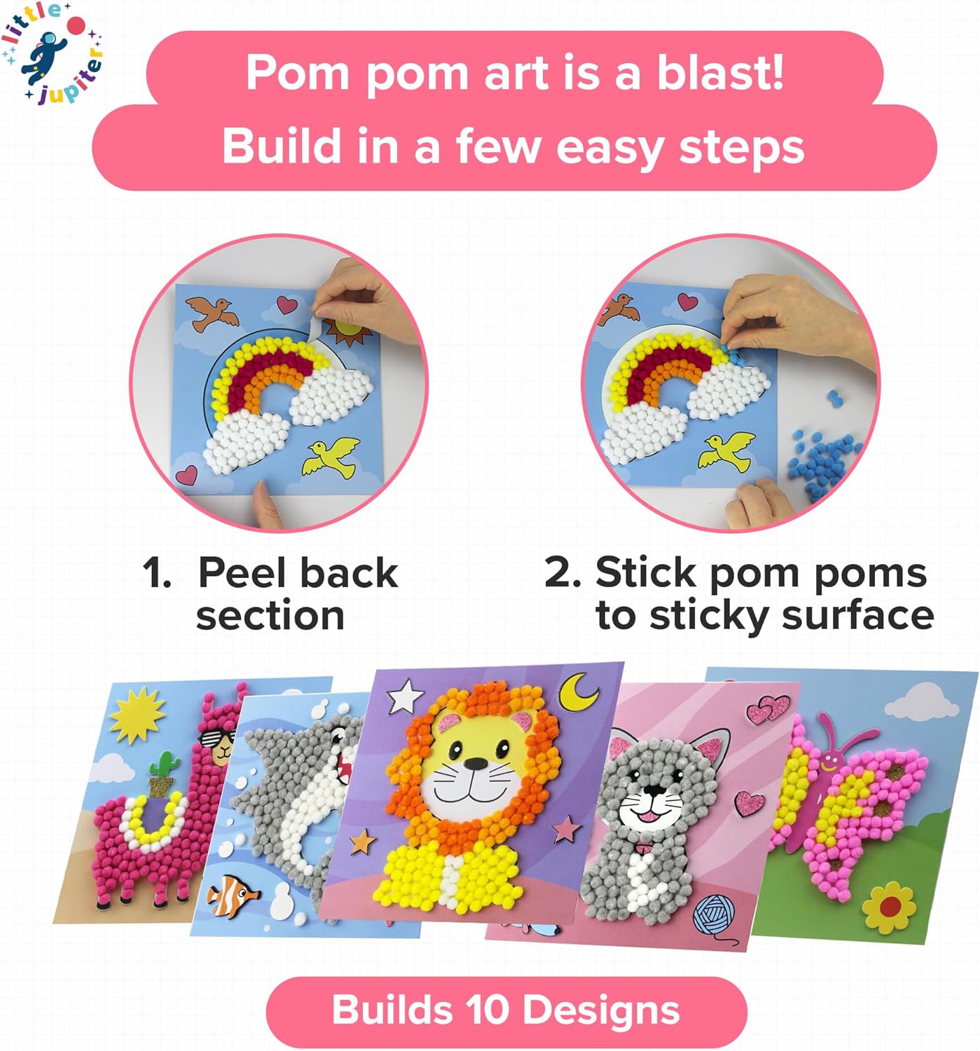 Little Jupiter DIY Pom Pom Art - Makes 3 Pieces -Boy & Girl Crafts for Kids Age 3-5 - Toddler Crafts - Pom Pom Art Projects for Kids 3-5 - (Set 2-Unicorn, Rainbow, Cat)