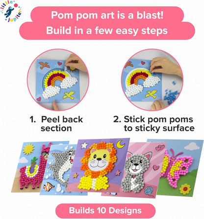Little Jupiter DIY Pom Pom Art - Makes 3 Pieces -Boy & Girl Crafts for Kids Age 3-5 - Toddler Crafts - Pom Pom Art Projects for Kids 3-5 - (Set 2-Unicorn, Rainbow, Cat)