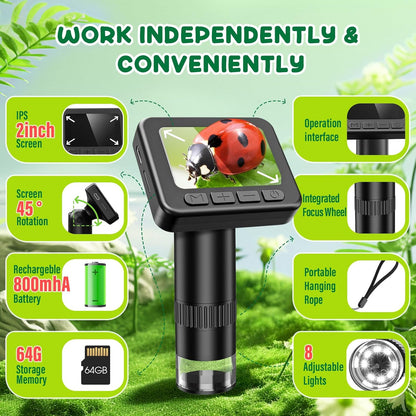 IMICHI Microscope for Kids 50X-1000X Magnification- 2 inch IPS HD Screen, 32GB storage Card, 1080P Video, 2-Hour Battery Life, Easy Carry, Slides Included - Perfect Science Kit Gift for Kids Ages 8-12