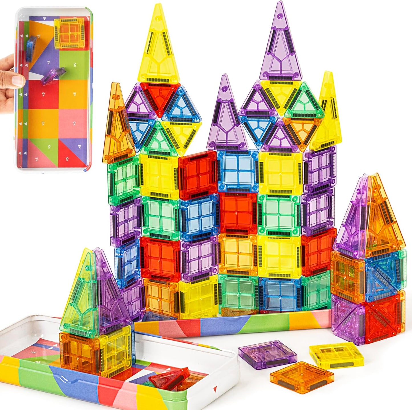 cossy Mini Magnetic Tiles, 46 PCS Magnet Tiles Travel Toys with Iron Box, Travel Magnetic Tiles for Restaurant, Car & Plane Play, Toys for 3 4 5 6 7 8 Year Old Boy and Girl