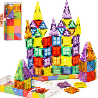 cossy Mini Magnetic Tiles, 46 PCS Magnet Tiles Travel Toys with Iron Box, Travel Magnetic Tiles for Restaurant, Car & Plane Play, Toys for 3 4 5 6 7 8 Year Old Boy and Girl