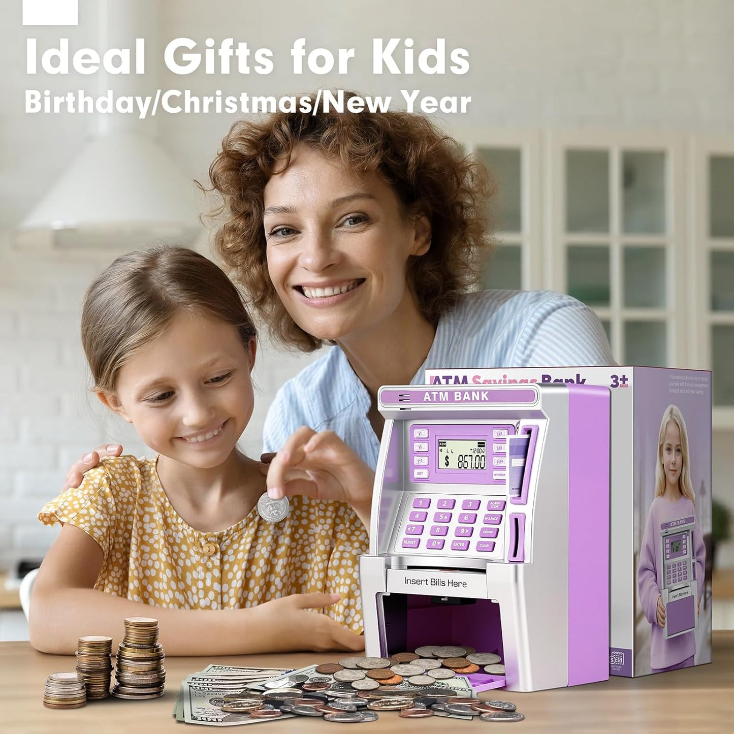 ATM Piggy Bank for Kids, ATM Machine for Real Money with Debit Card, Bill Feeder, Coin Recognition, Balance Calculator, Electronic Savings Safe Box, Gifts for Teen Boys Girls