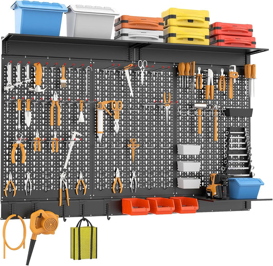 WALMANN 113 PCS Pegboard Wall Organizer Kit with Pegboard Hooks, Bins, Shelves, Pegboard Tools Storage System for Garage, Workbench, Modular Peg Board Tool Organizer Board with Hooks(Black)
