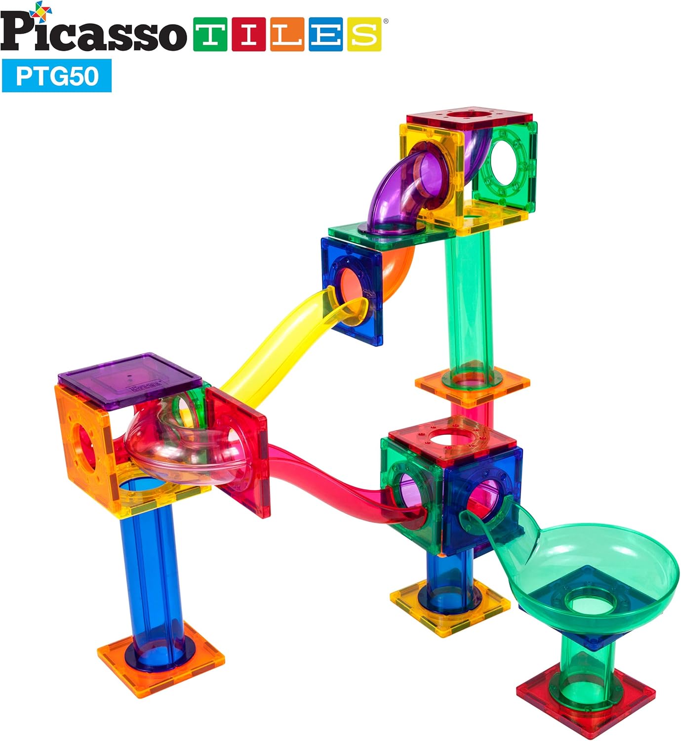 PicassoTiles 50PC Marble Run Race Track + 4PC LED Light-Up Glow in The Dark Translucent Balls: STEAM Educational Playset for Kids - Fun Learning Construction Toy, Creative Design, Sensory Development