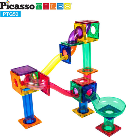 PicassoTiles 50PC Marble Run Race Track + 4PC LED Light-Up Glow in The Dark Translucent Balls: STEAM Educational Playset for Kids - Fun Learning Construction Toy, Creative Design, Sensory Development