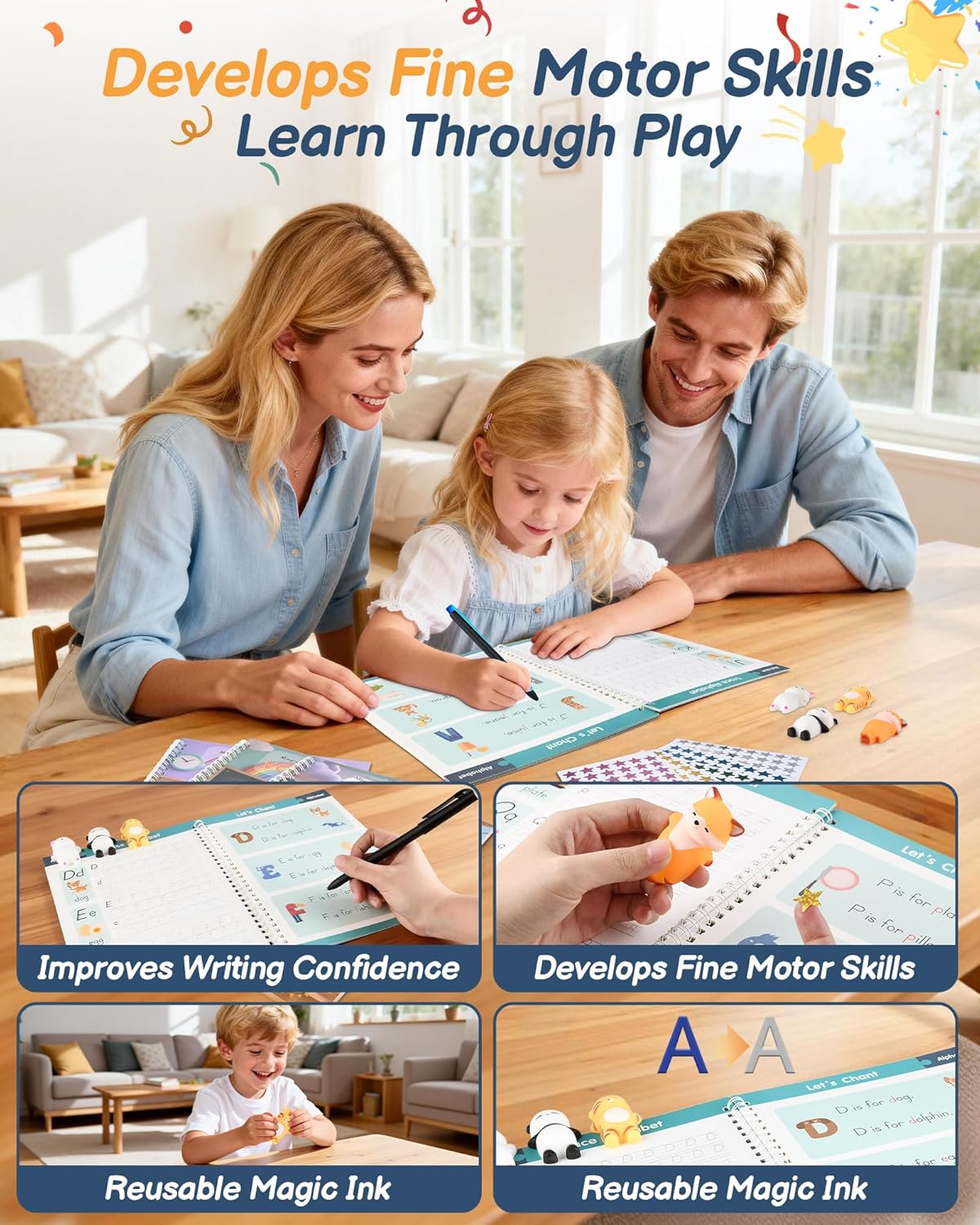 Magic Grooved Writing Practice for Kids Ages 3–8 – 8-Book Reusable 3D Handwriting & Tracing Workbook Kit with Disappearing Ink, Preschool Learning Activity