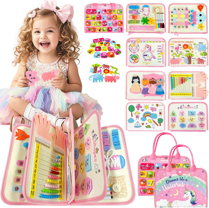 Aurasys Toddler Busy Board Montessori Toys for Girl Birthday Gift,Educational Learning Sensory Busy Book, Airplane Car Travel Activities Toy for Girl(Pink)