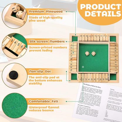 Shut The Box Game, 1-4 Players, Classic 8Dice Closed-Box, Improves Mathematical Skills, Suitable for Families, classrooms, and Gatherings (8.74 * 8.74 inches, Vibrant Colors)