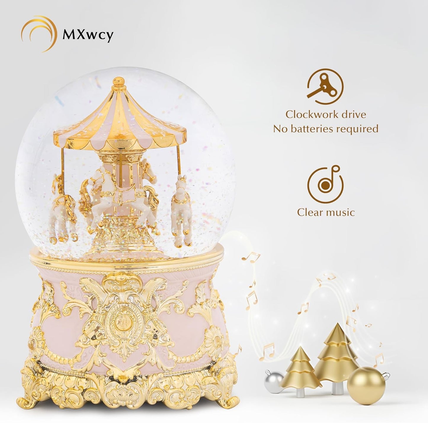 Carousel Music Box Gold & Ivory Christmas Snow Globes, 8.3" Rotate Carousel Snow Globe for Kids & Adults, Classic Wind up Musical Snow Globe Birthday Gifts for Women Girls, Carousel Horse Home Decor