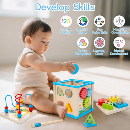WOODMAM Wooden 7-in-1 Activity Cube| Montessori Toys for 1 Year Old Toddlers| Baby Educational Developmental Toys |One Year Old Boys Girls First Birthday Gifts |Bonus Sorting & Stacking Board