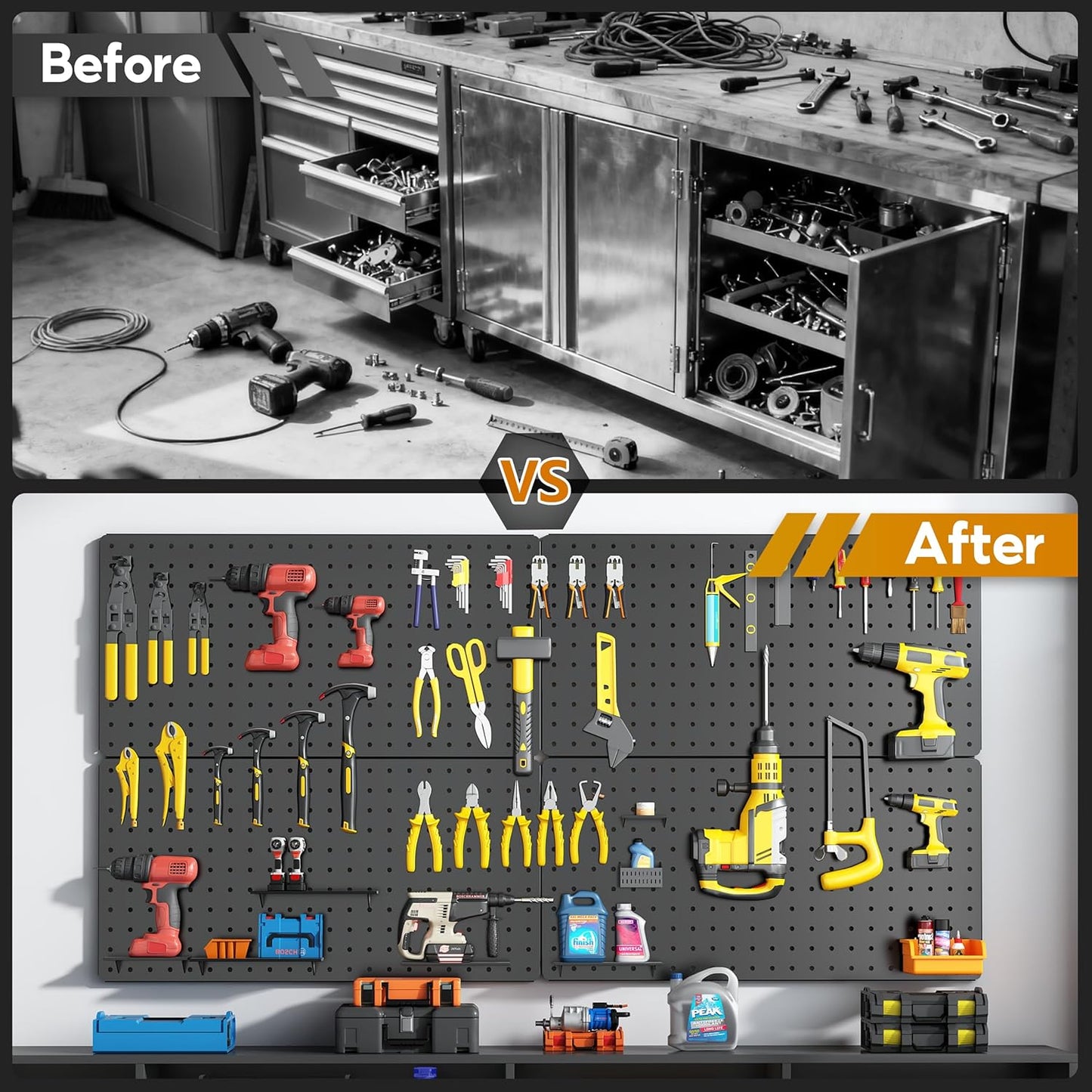 Peg Board, 112PCS Heavy Duty Metal Pegboard with Hooks, 6 Pack Black Peg Board Panels, 60lbs Load Capacity Each, Pegboard Wall Organizer for Garage, Workshop, Kitchen, Craft Rooms