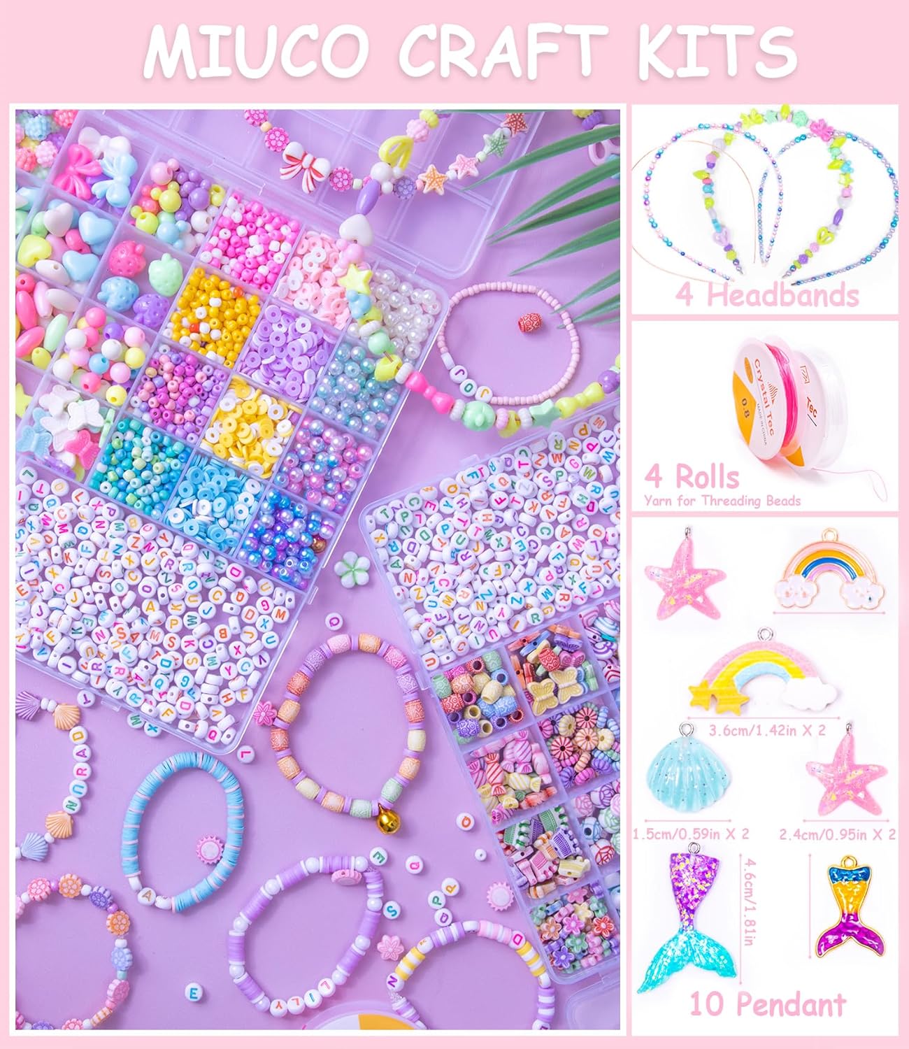 MiuCo Bracelet Making Kit for Kids Girls - Cute Beads for Jewelry Making Kit with Charms - Arts and Crafts for Make Necklaces - Birthday Gifts for Girls Ages 5 6 7 8 9 10 (Kids' Jewelry Making Kits)
