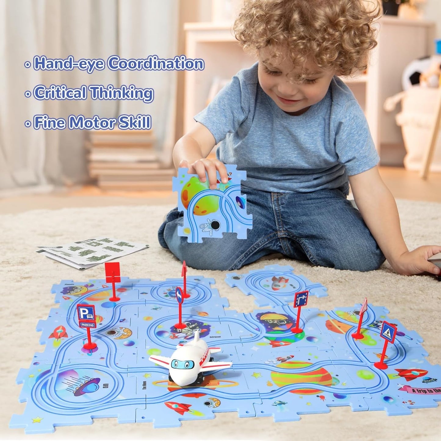 Plastic Floor Puzzles for Kids Ages 3-5, Puzzle Track Car Play Set, Educational Montessori Toys for 3 4 5 6 Year Old Boys, 3 4 5 6 Year Old Boy Birthday Gift, Boy Toys Age 3