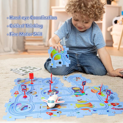 Plastic Floor Puzzles for Kids Ages 3-5, Puzzle Track Car Play Set, Educational Montessori Toys for 3 4 5 6 Year Old Boys, 3 4 5 6 Year Old Boy Birthday Gift, Boy Toys Age 3