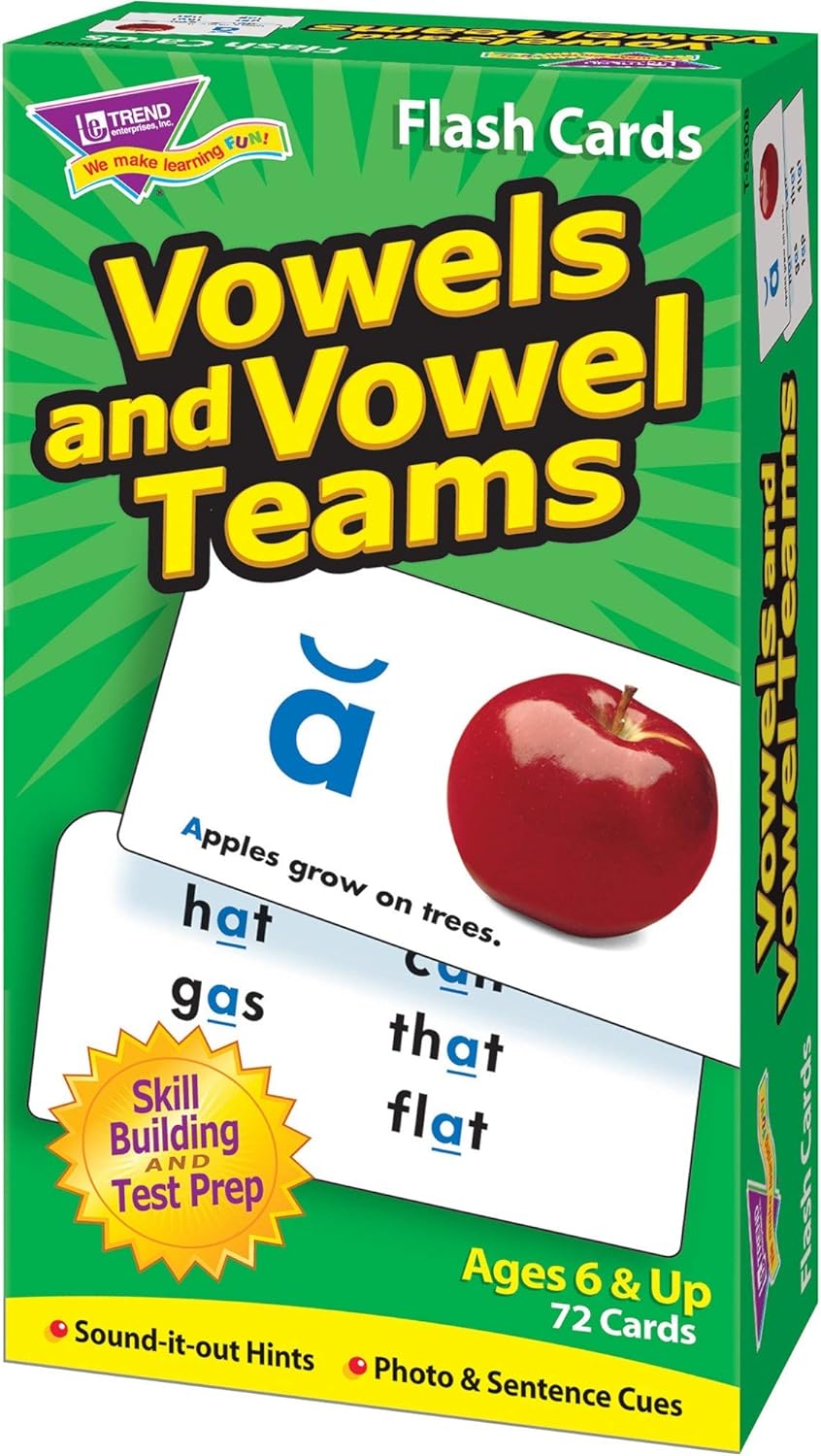 Trend Enterprises: Vowels and Vowel Teams Skill Drill Flash Cards, Sound-It-Out Hints, Photo & Sentence Cues, Great for Skill Building and Test Prep, 72 Cards Included, Ages 6 and Up