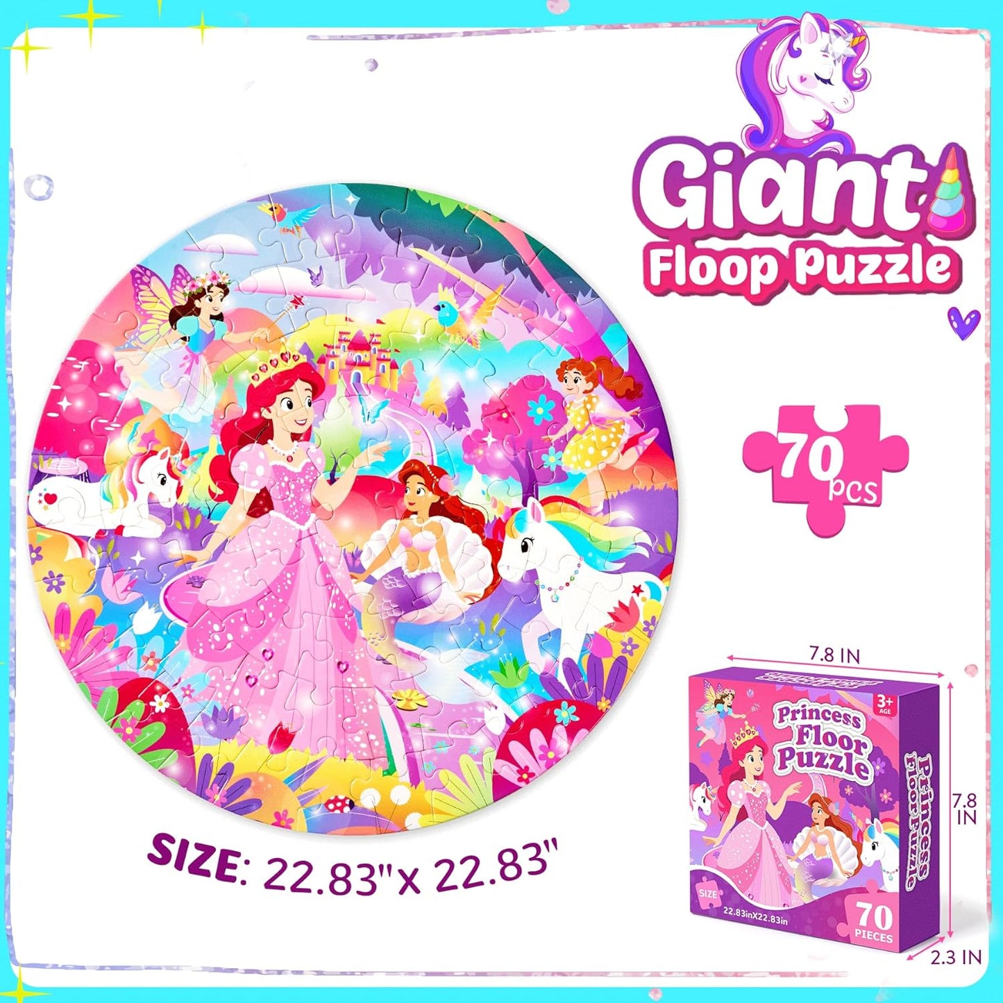 Unicorn Toys Gifts for Girls Age 4-6, 70 Pcs Jumbo Floor Puzzle for Kids, Fun Educational Preschool Learning Toy for Toddlers 3-5, Easter Basket Stuffers Birthday Gifts for Kids (Pink)