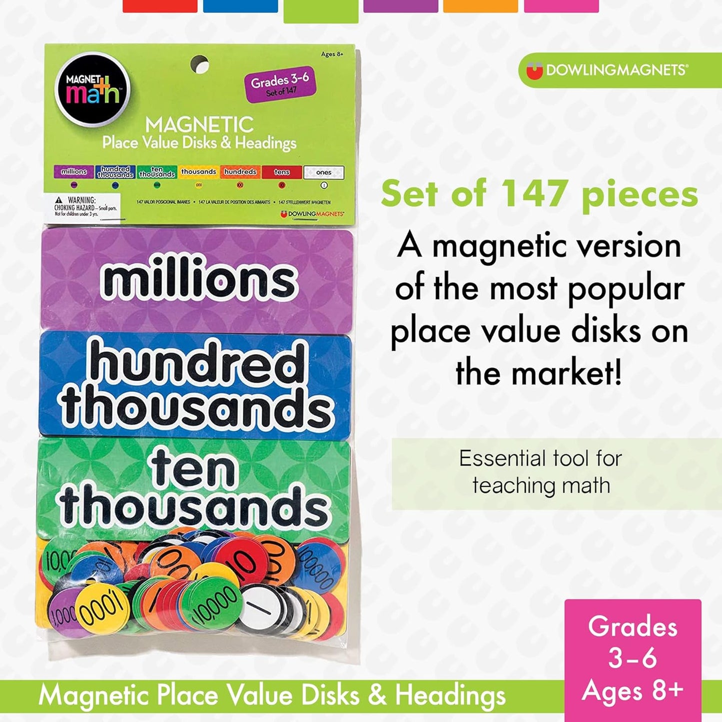 Dowling Magnets Magnetic Place Value Disks & Headings (Grades 3–6): Ones, Tens, Hundreds, Thousands, Ten Thousands, Hundred Thousands, Millions. Magnetic Place Value Manipulatives. Item 732162