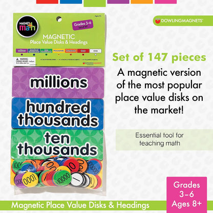 Dowling Magnets Magnetic Place Value Disks & Headings (Grades 3–6): Ones, Tens, Hundreds, Thousands, Ten Thousands, Hundred Thousands, Millions. Magnetic Place Value Manipulatives. Item 732162