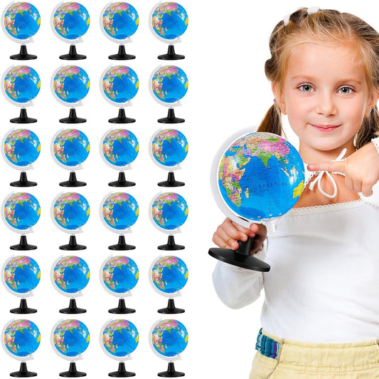 Henoyso 24 Pcs Mini World Globes Bulk for Kids Learning 3.4 Inches Rotating World Map Small Earth Globes with Stand for Classroom Table Decor Desk Centerpieces Decorative Geography Education, Blue
