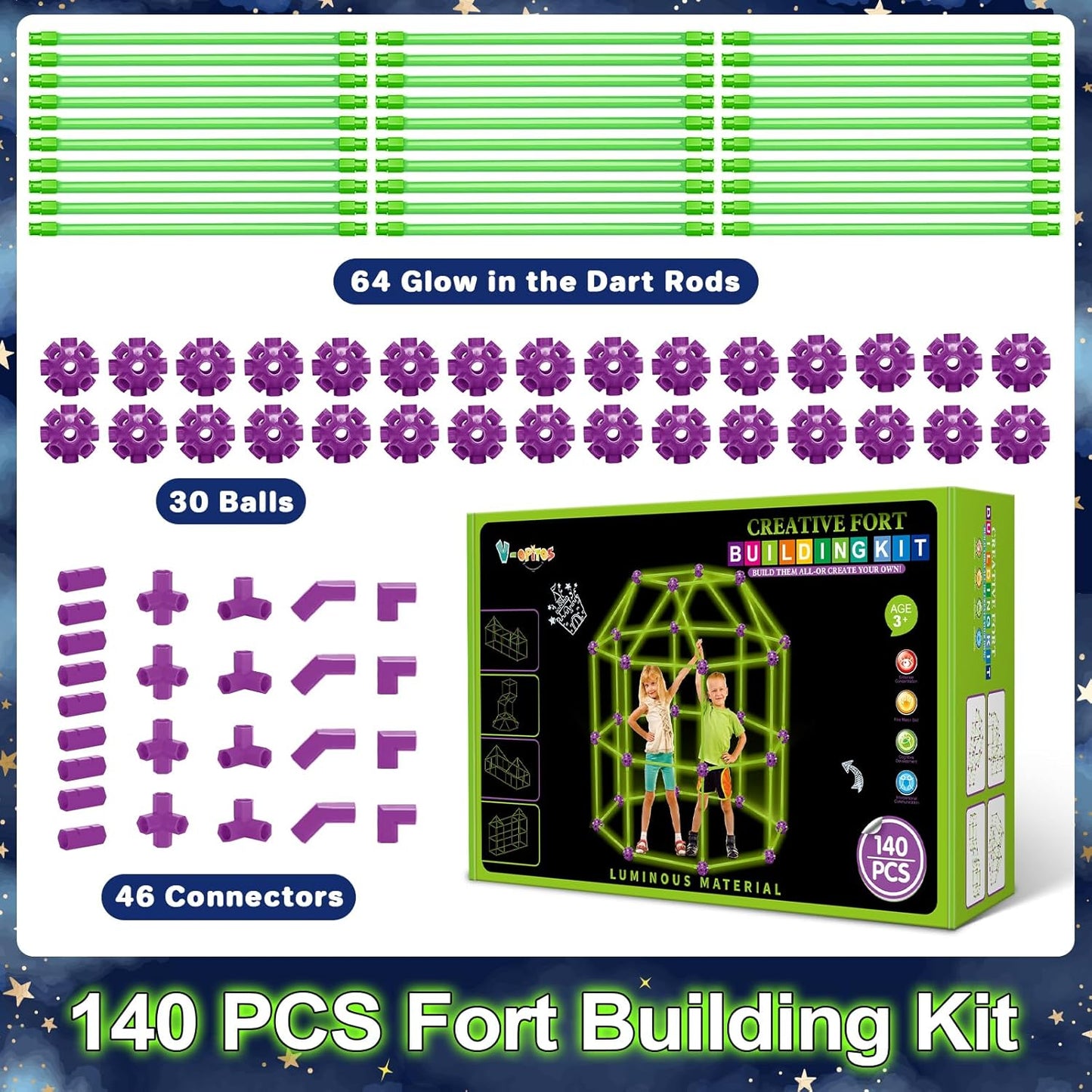 V-Opitos 140 Pack Glow in The Dart Fort Building Kits for Kids Age 4, 5, 6, 7, 8+ Years Old, STEM Building Toys for DIY Castles, Tunnels, Ideal Christmas, Birthday Gifts for Boys & Girls