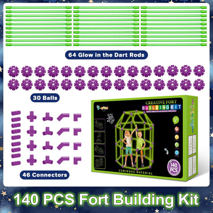 V-Opitos 140 Pack Glow in The Dart Fort Building Kits for Kids Age 4, 5, 6, 7, 8+ Years Old, STEM Building Toys for DIY Castles, Tunnels, Ideal Christmas, Birthday Gifts for Boys & Girls