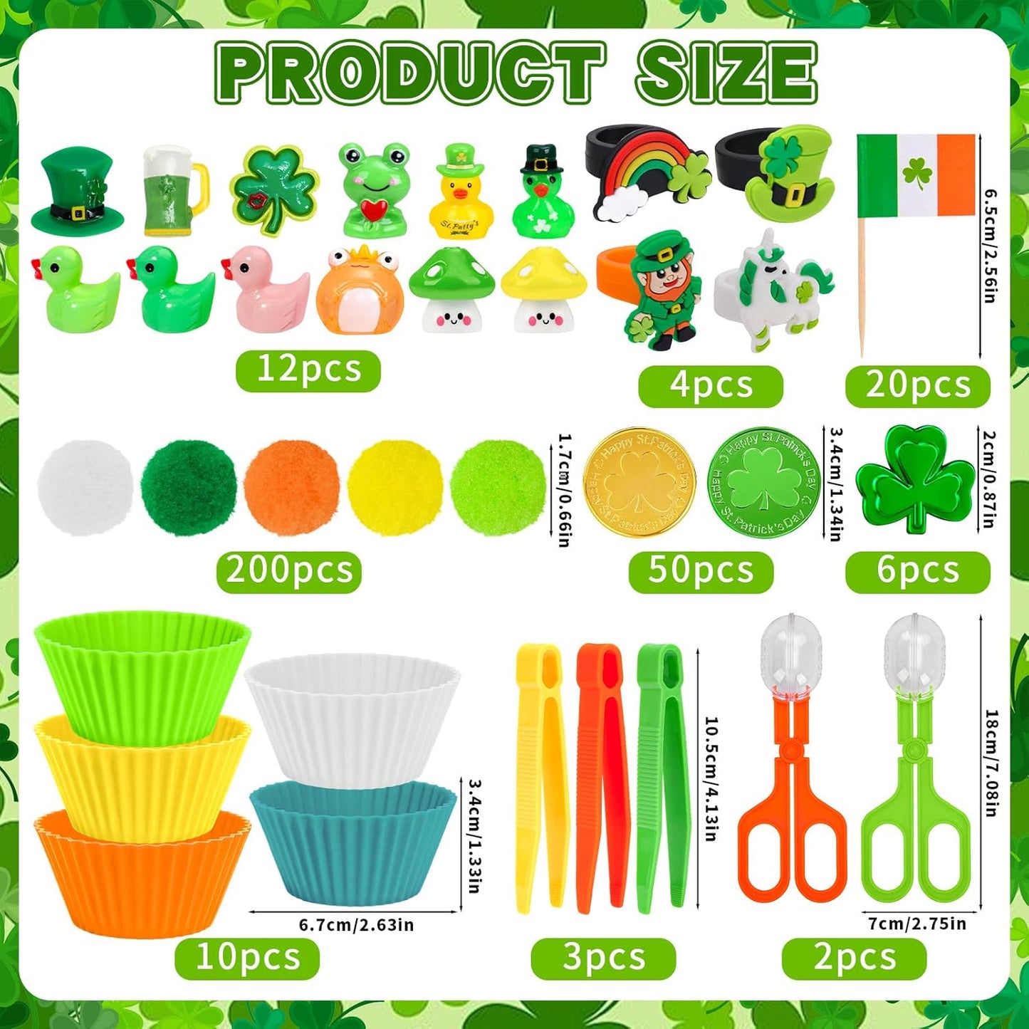 307 Pcs St. Patrick's Day Sensory Bin Filler Shamrock Fine Motor Sensory Bin Items Includes Pom Poms Irish Shamrock St. Patrick's Hat Resin Animals for Counting Sorting Training