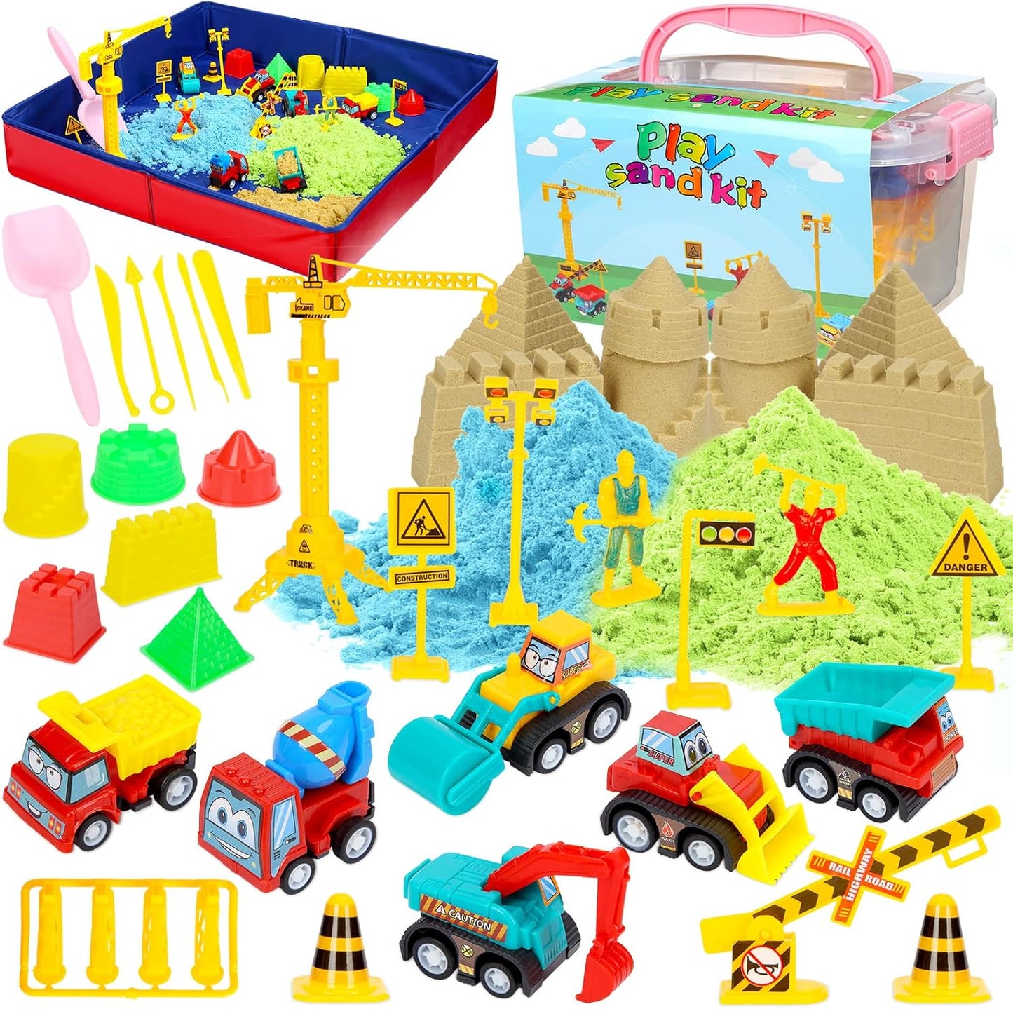 GarveeLife Kids Sand Kit, 43PCS Set w/Tools, 6 Construction Trucks & Castle Molds, Foldable Sand Box Storage Bin Tote, Toys for Boys Girls