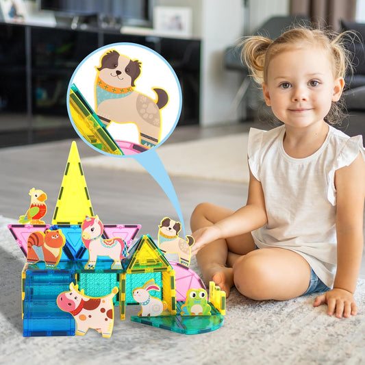 PicassoTiles Magnetic Tile Building Blocks Add On 8 Magnetized Action Figures Construction Vehicles & Zoo Animal Theme Compatible with Magnet Tiles Sets STEM Learning Toy for Boys & Girls Age 3+ PTA21