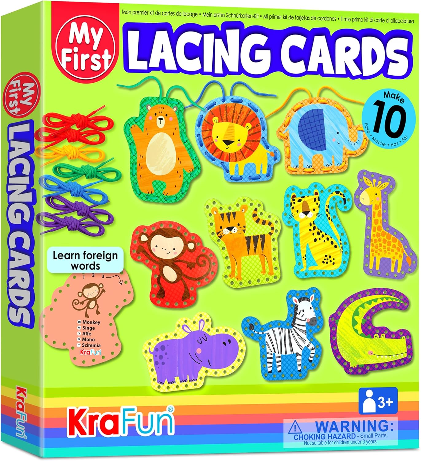 KRAFUN My First Lacing Cards Kit for Toddlers & Kids Age 3+, 10 Safari Animal Arts & Crafts Projects, Fine Motor Skills Toys with Lion Monkey Elephant Tiger Giraffe Hippo Zebra Bear