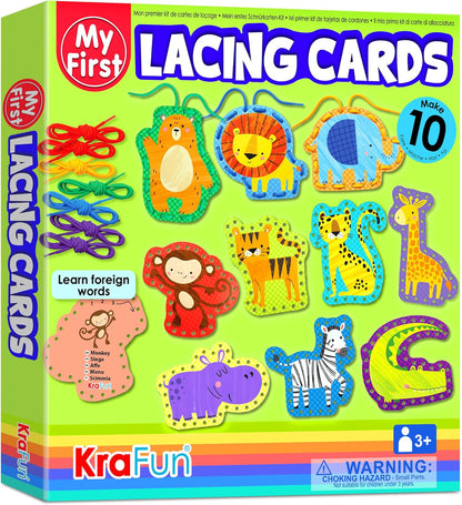 KRAFUN My First Lacing Cards Kit for Toddlers & Kids Age 3+, 10 Safari Animal Arts & Crafts Projects, Fine Motor Skills Toys with Lion Monkey Elephant Tiger Giraffe Hippo Zebra Bear