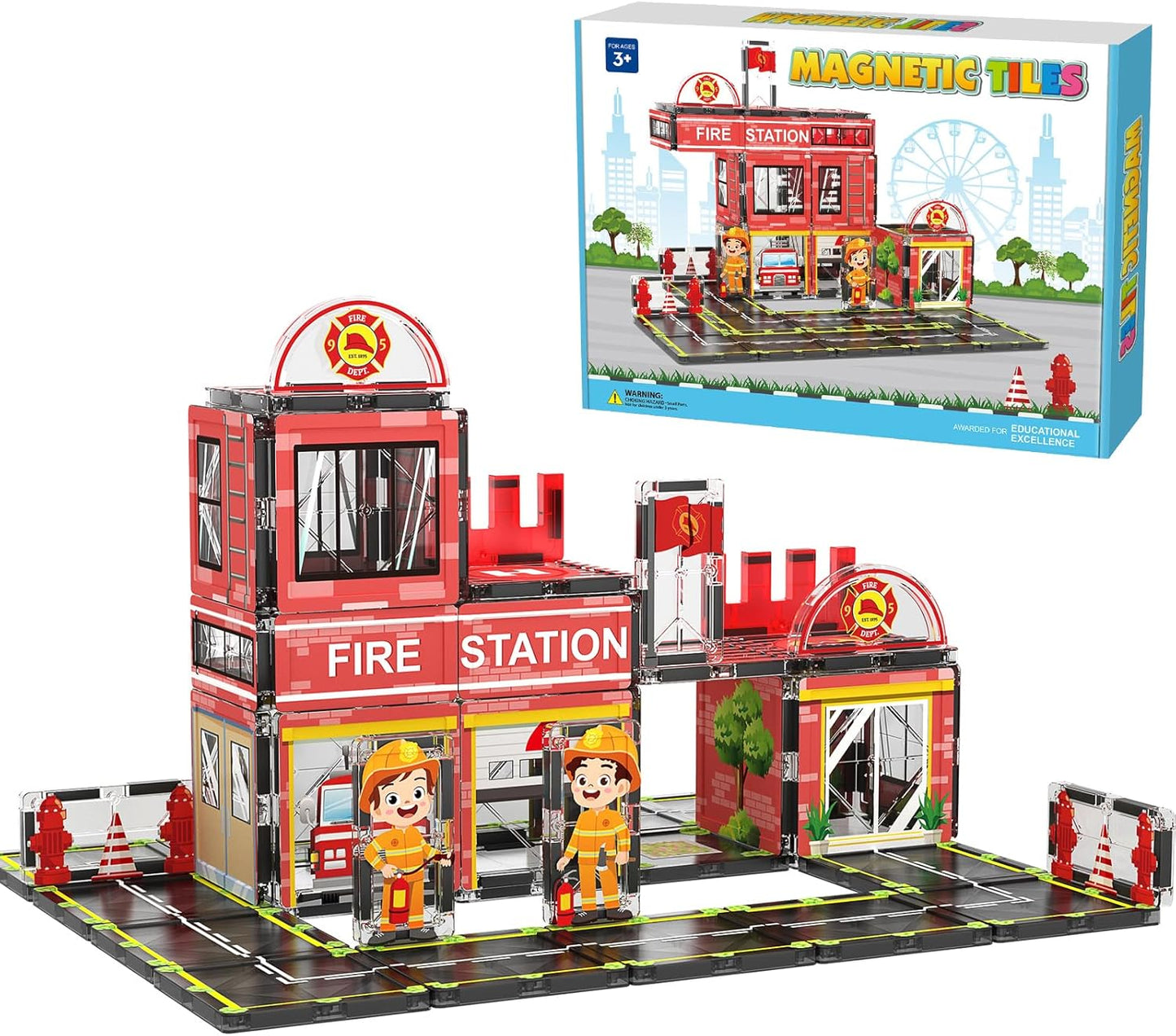 AFUNX Magnetic Tiles, 50PCS Police Station Theme Building Blocks Set, Magnet Building Blocks and STEM Preschool Toys for Toddlers Kids Ages 3-5 5-7 8-10