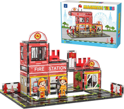 AFUNX Magnetic Tiles, 50PCS Police Station Theme Building Blocks Set, Magnet Building Blocks and STEM Preschool Toys for Toddlers Kids Ages 3-5 5-7 8-10