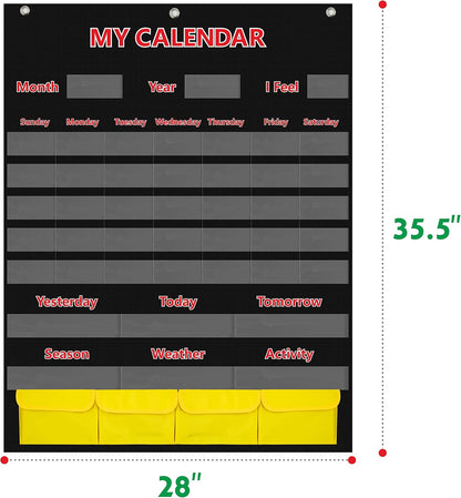 SpriteGru Calendar and Weather Pocket Chart with 148 Cards,(108 Illustrated Activity Cards, 40 Dry Erasable Flash Cards and 3 Hooks 28"x35.5"),Alphabets, Blue